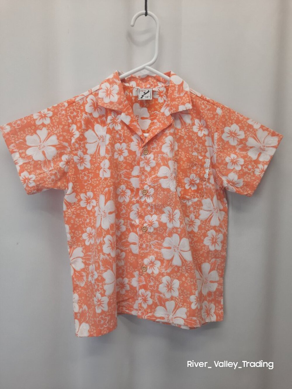Okinawa Island Wear Youth 7-8 Hawaiian Shirt Orange Hibiscus Floral Cotton Kids